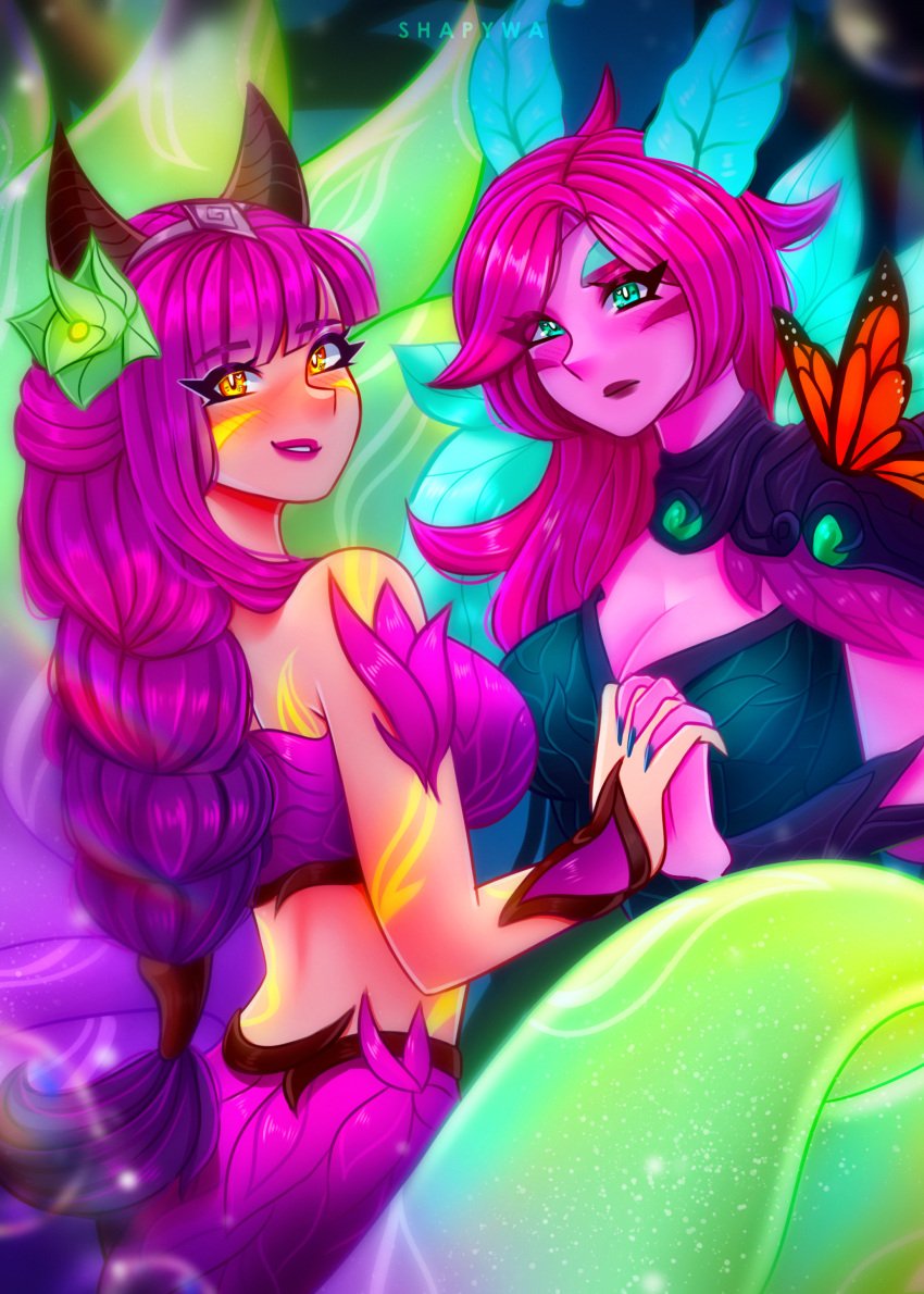 2girls ahri bangs blunt_bangs braid breasts butterfly cape cleavage clothed clothing elderwood_ahri elderwood_series elderwood_xayah eyelashes face_markings facial_markings feathers female female_only flower flower_in_hair green_eyes hair hair_ornament holding_hands horns large_breasts league_of_legends lipstick long_hair midriff pink_hair red_lipstick riot_games shapywa sharp_fingernails xayah yellow_eyes yuri