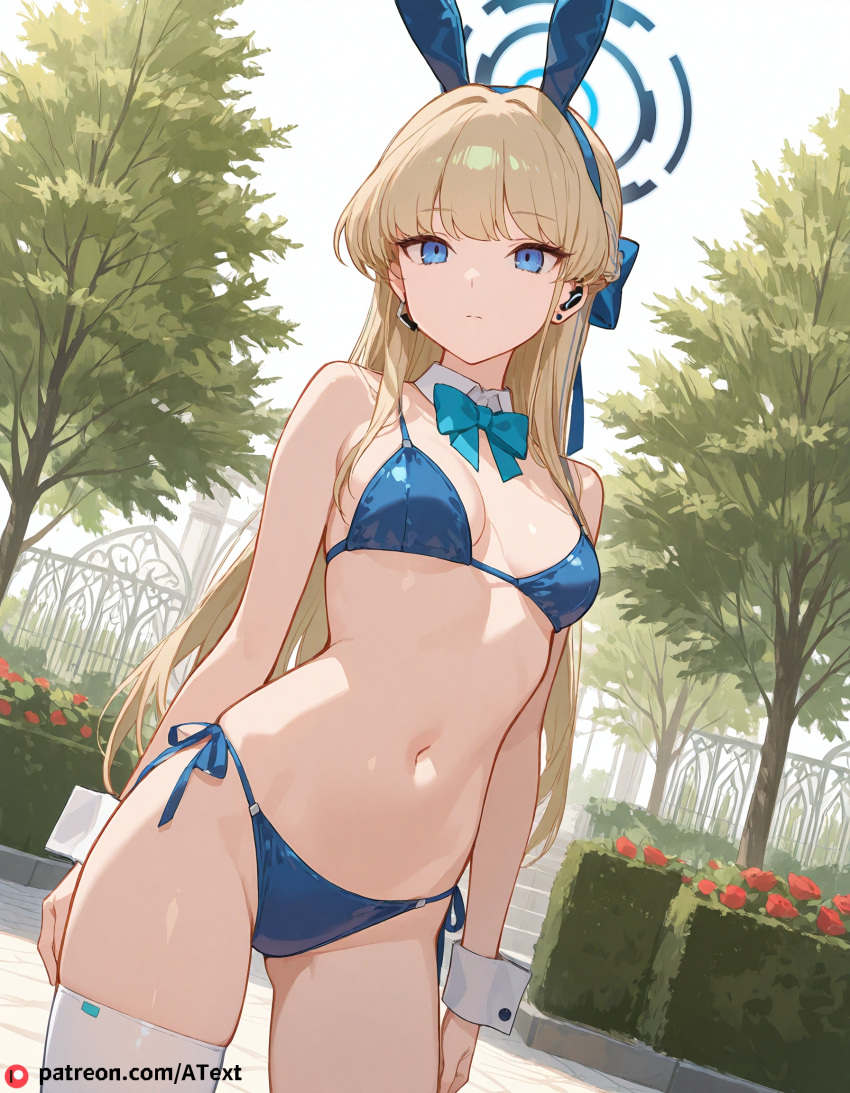 ai_generated beautfiul_background bikini botanical_garden one_breast_out scared small_breasts stunning_backgroud toki_(bunny)_(blue_archive)