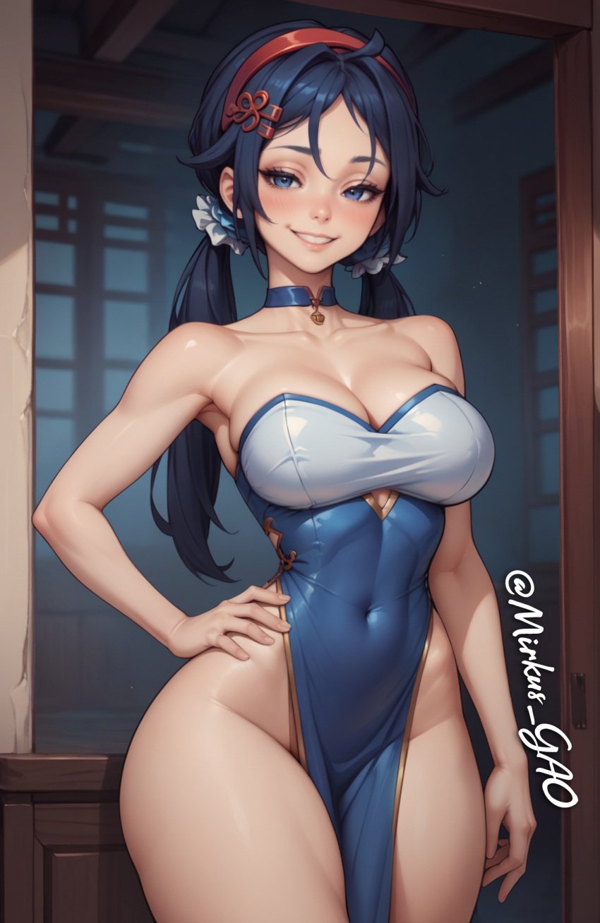 ai_generated belly_button big_breasts blush chinese_clothes choker high_resolution horny horny_female light-skinned light-skinned_female light_skin looking_at_viewer mirkus_gao miside mita_(miside) narrow_waist no_bra no_panties posing smile thick_thighs thighs white_skin wide_hips