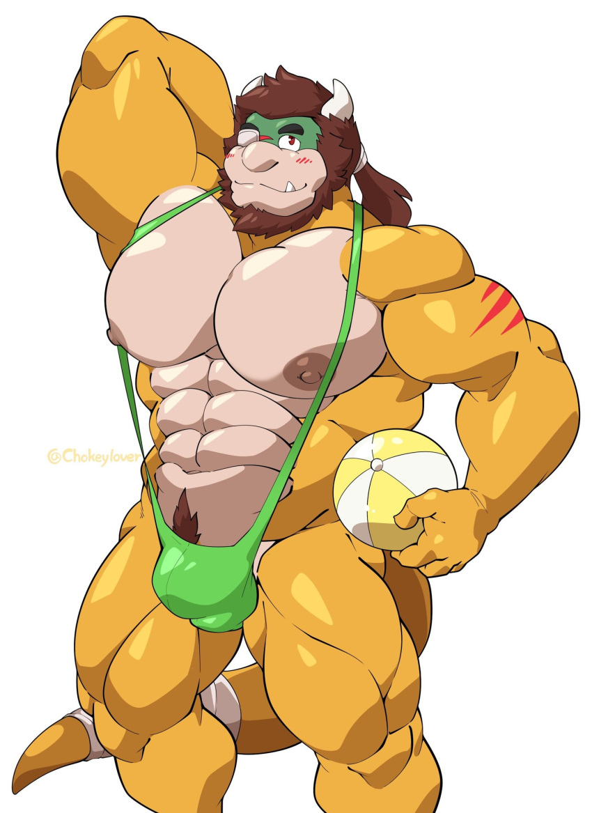 1male anthro bara beach_ball blush blush buff bulge bulge_through_clothing bulge_through_swimsuit green_mankini male male_focus male_only mankini pecs sexy shy shy_smile