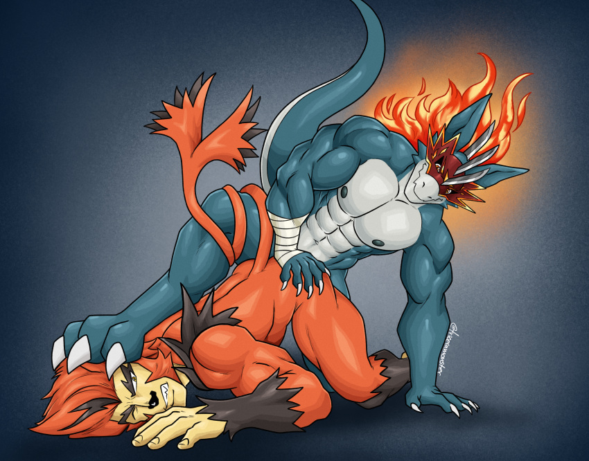 anal anal_sex anthro bandai_namco black_body black_fur black_nose digimon digimon_(species) duo feet fire flamedramon foot_on_head fur hi_res hybrid male male/male mammal mask nipples orange_body orange_fur penetration primate tail_wrapped_around triceramonster