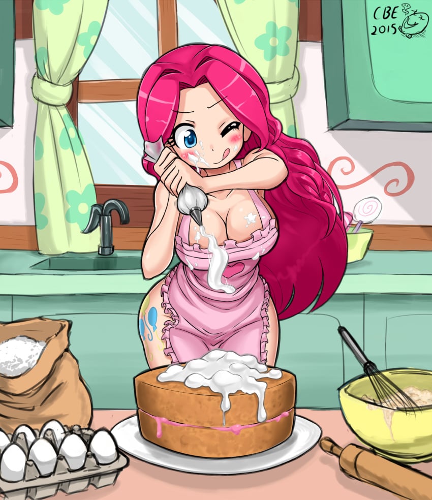 apron blue_eyes blush breasts cake cleavage cream crimsonbugeye cutie_mark egg female flour food friendship_is_magic groin highres kitchen long_hair my_little_pony naked_apron one_eye_closed personification pink_hair pinkie_pie_(mlp) sidelocks signature solo straight_hair thighs tongue tongue_out window