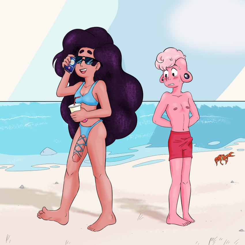 1boy 1futa beach big_penis bikini bulge bulge_through_clothing cartoon_network dick_out dickgirl dwonksa erection_under_clothes erection_under_clothing futa_with_male futanari glasses large_penis lars_barriga on_phone penis penis_size_difference steven_universe stevonnie