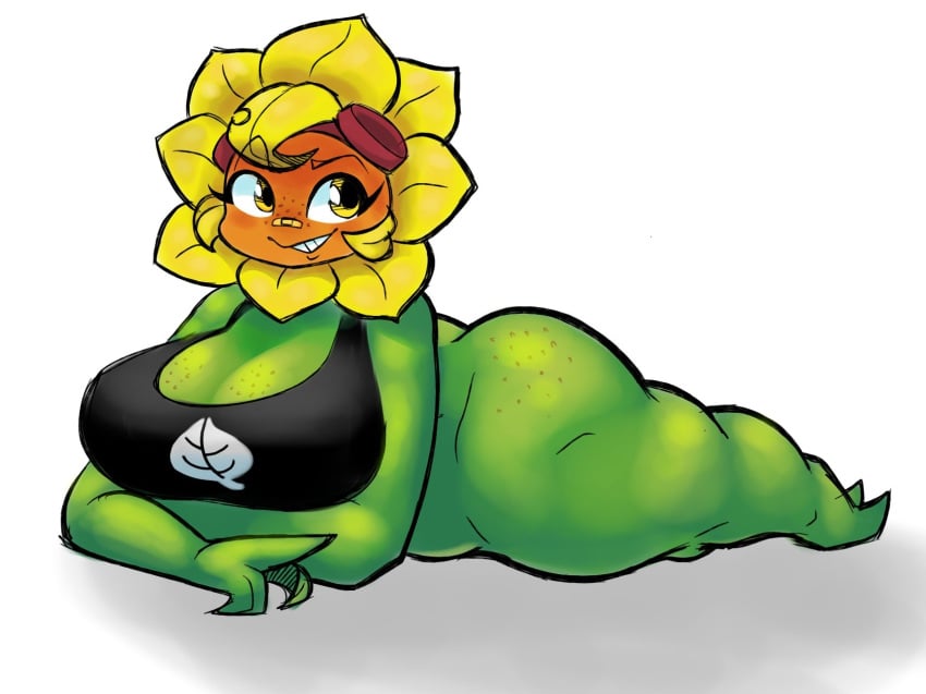 ass bandaid big_ass big_breasts female flora_fauna googles leaf pie_face_cat plant_girl plants_vs_zombies plants_vs_zombies:_heroes smirk solar_flare_(pvz) thick_thighs white_background