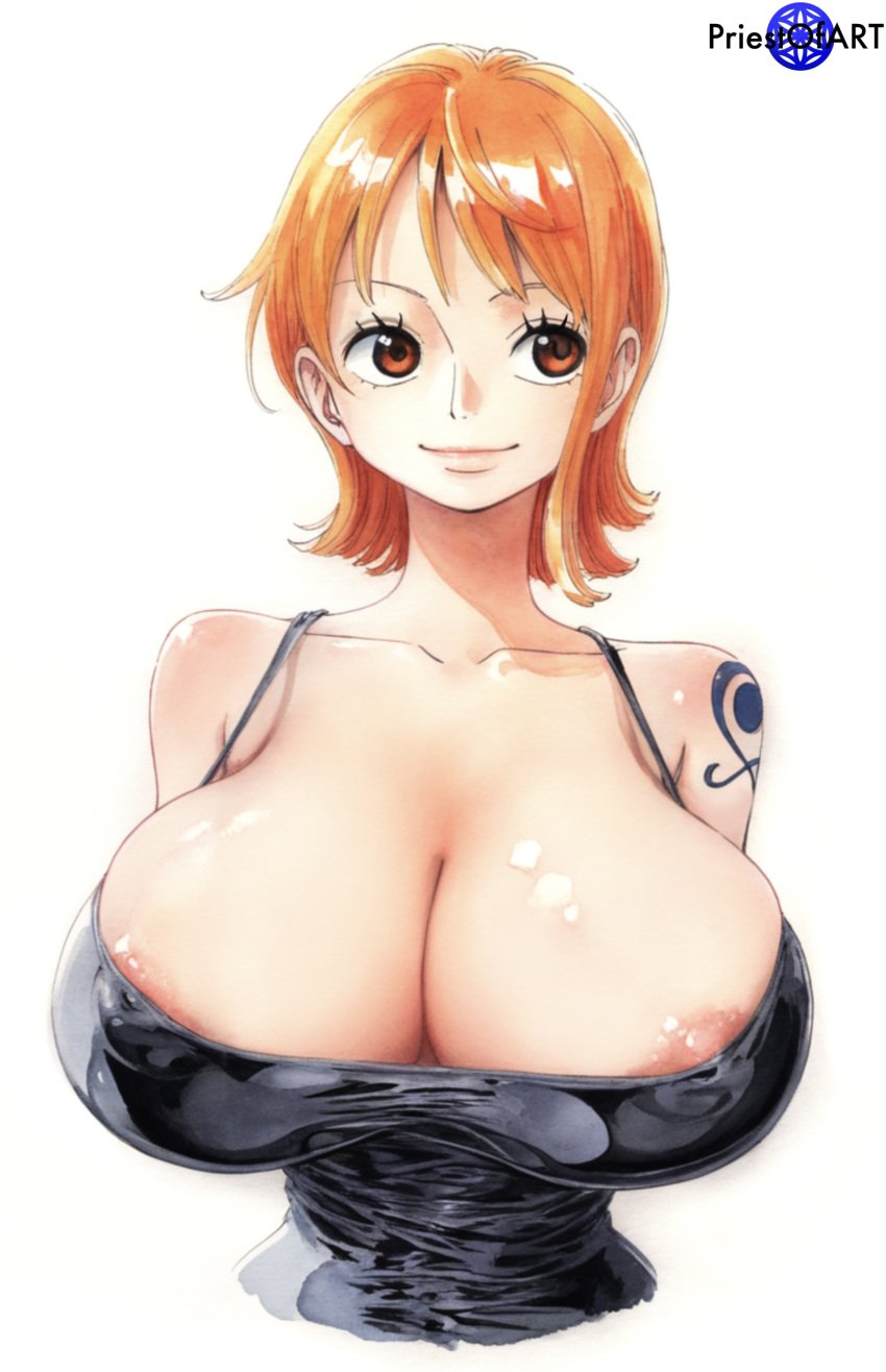 ai_generated areola_slip arms_behind_back big_breasts breasts brown_eyes busty color female female_focus female_only huge_breasts large_breasts looking_away nami one_piece orange_hair pre-timeskip priestofart short_hair simple_background solo solo_female solo_focus tagme tagme_(artist) tagme_(character) tattoo tattoo_on_arm thin_waist upper_body watermark white_background