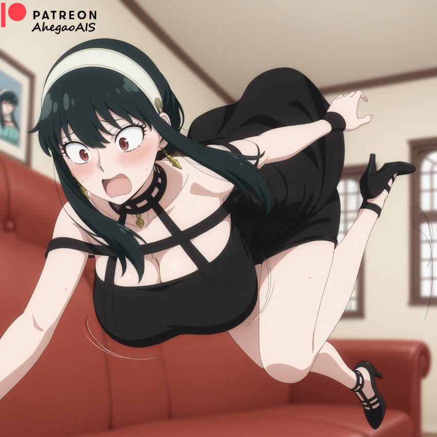 1girls ahegao_ai ai_generated black_hair blush cleavage clothed clothing falling fem female female_focus female_only red_eyes spy_x_family yor_briar yor_forger