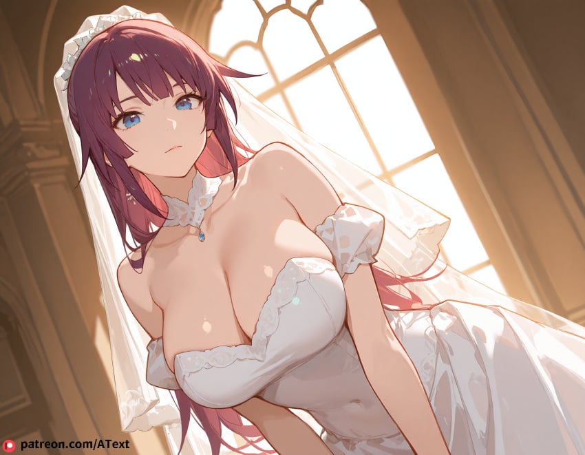 ai_generated body_arch huge_breasts senjougahara_hitagi sleepy wedding_dress white_dress