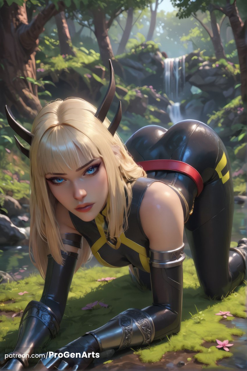 1girls ai_generated all_fours artist_name ass bare_shoulders belt black_bodysuit black_gloves blonde_hair blue_eyes blunt_bangs bodysuit breasts day elbow_gloves gloves grass hi_res horns illyana_rasputin lips long_hair looking_at_viewer magik_(illyana_rasputin) marvel marvel's_midnight_suns nature outdoors parted_lips patreon_username progenarts solo tree water waterfall web_address