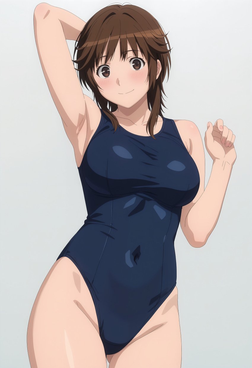 amagami arm_behind_head armpits arms_up bakadere bangs bare_arms bare_legs bare_shoulders blue_one-piece_swimsuit blue_swimsuit blush breasts brown_eyes brown_hair clavicle cleavage closed_mouth clothing competition_swimsuit covered_navel cowboy_shot female female_only groin highleg_swimsuit large_breasts legs looking_at_viewer medium_breasts navel one-piece_swimsuit sakurai_rihoko short_hair simple_background smile solo standing student sukumizu swimsuit tank_suit teen teen_girl teenage teenage_girl teenager thighs white_background