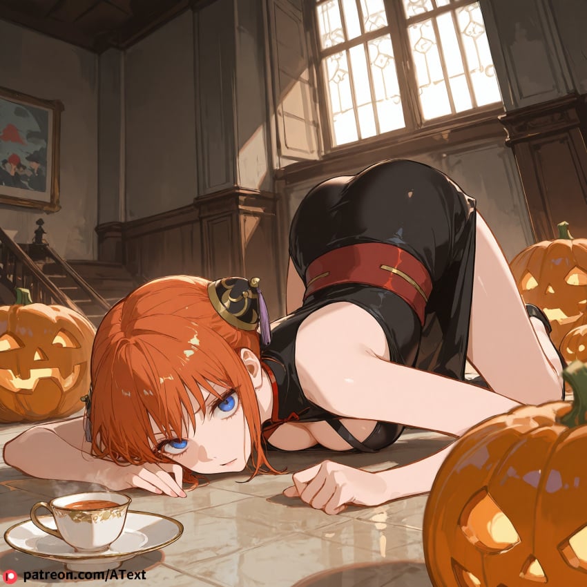 ai_generated beautfiul_background coffee evil jack-o&#039;-lantern large_breasts museum stunning_backgroud sulking tea top-down_bottom-up tsukuyo_(gintama)