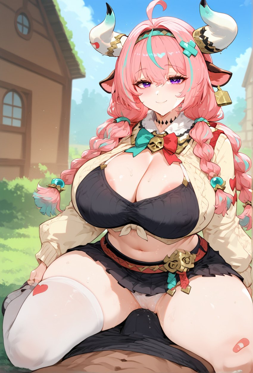 1boy 1boy1girl 1girls ai_generated areola big_ass big_breasts cow_ears cow_girl cow_horns curvy curvy_figure dark-skinned_male erect_penis erection erection_under_clothes genshin_impact horns inevitable_rape inevitable_sex interracial light-skinned_female looking_at_viewer navel patreon pov pov_eye_contact sogo thick_thighs tight_clothing twintails varesa_(genshin_impact) visible_pussy wet_pussy wide_hips