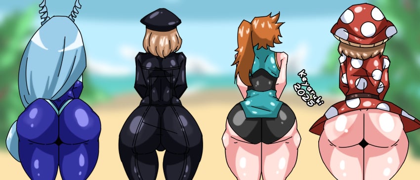 4girls ass ass_bigger_than_head ass_chart ass_focus back back_view behind behind_view big_ass big_butt big_thighs blue_hair bodysuit brown_hair camie_utsushimi cap gigantic_ass hadou_nejire hero heroine itsuka_kendou kendou_itsuka keyaruki komori_kinoko latex latex_suit long_hair massive_ass mushroom mushroom_girl my_hero_academia nejire_hado orange_hair posing posing_for_the_viewer pussy pussy_peek shiny_skin skin_tight skinsuit skirt thighs tight_clothing utsushimi_camie