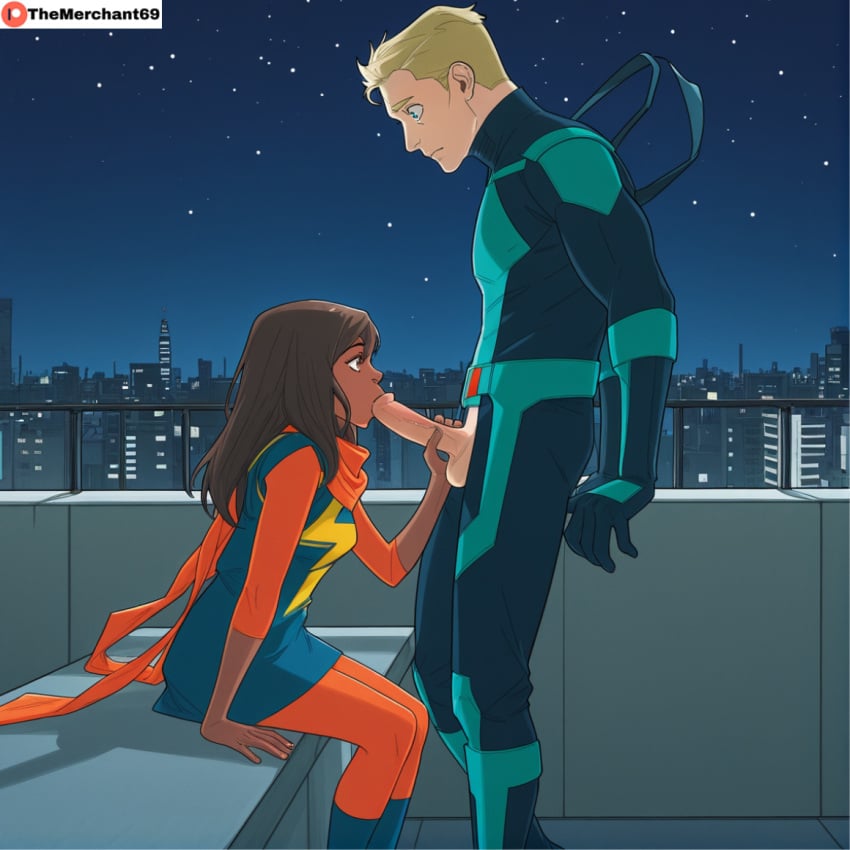 ai_generated american american_male artist_name blonde_hair blonde_hair_male blue_eyes_male brown_eyes brown_hair brown_skin brown_skinned_female building buildings discord_(marvel) joshua_richardson kamala_khan light-skinned_male lights marvel marvel_comics ms._marvel ms._marvel_(kamala_khan) muslim muslim_female night night_sky outside pakistani pakistani_female rooftop starry_sky stars superhero superheroine themerchant69 windows