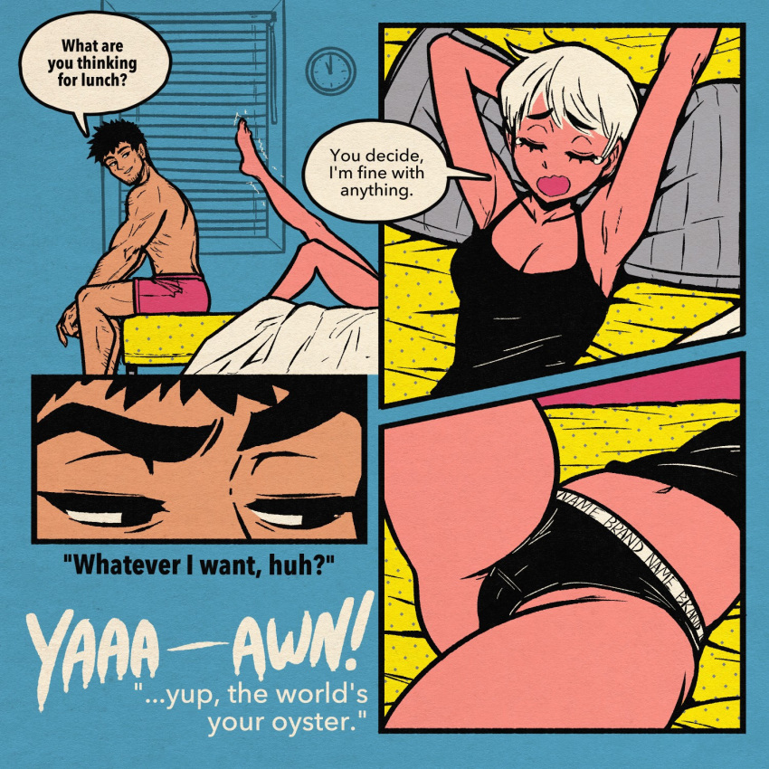 1boy 1girls akairiot armpits barefoot black_hair black_panties cleavage comic english_text facial_hair hi_res imminent_oral imminent_sex limited_palette muscular muscular_male original panties short_hair speech_bubble straight white_hair