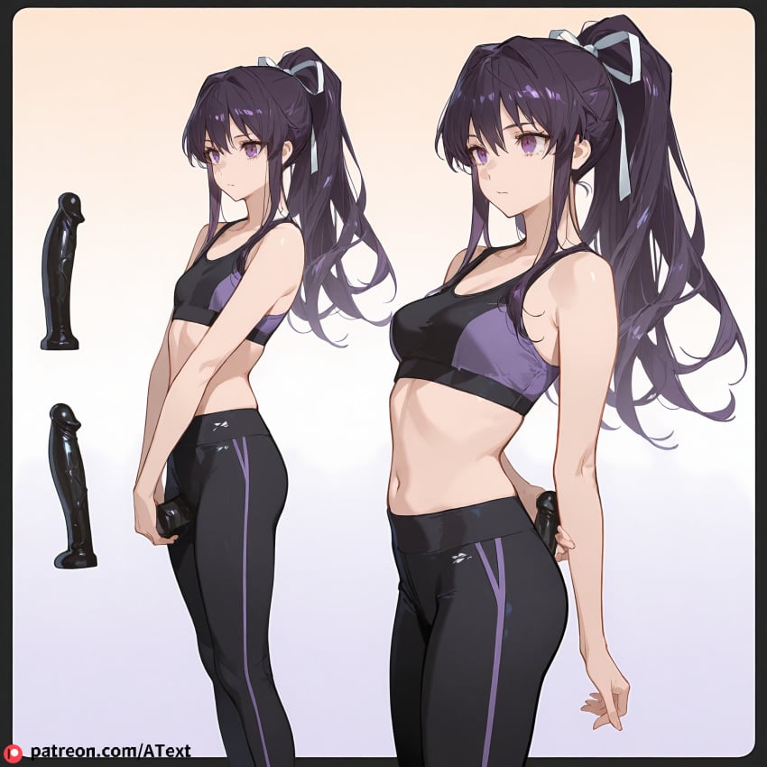 (purple_eyes:1.1) ai_generated dildo flat_chest hair_ribbon holding_traycrotch_rub kanzaki_kaori long_hair model_sheet ponytail purple_hair ribbon smile sports_bra yoga_pants