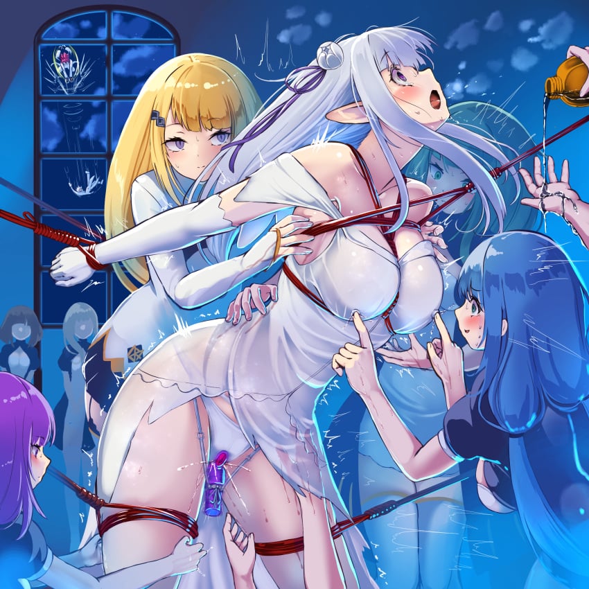 2boys 6+girls arms_behind_back bare_shoulders blonde_hair blue_eyes blue_hair blush bondage bottle bound bound_arms bound_legs bound_wrists braid breast_bondage breasts breath brown_hair chibi cleavage closed_mouth cloud cloudy_sky coat covered_nipples dress elf elf_ears elf_female emilia_(re:zero) flower green_eyes green_hair hair_flower hair_ornament hair_ribbon heavy_breathing highres holding holding_bottle indoors large_breasts long_hair long_sleeves lotion_bottle monikano multiple_boys multiple_girls night night_sky nipple_stimulation nipples open_mouth panties pants pointy_ears pouring purple_eyes purple_hair purple_ribbon pussy_juice re:zero_kara_hajimeru_isekai_seikatsu red_hair regulus_corneas reinhard_van_astrea restrained ribbon rope rose saliva see-through_clothes sex_toy short_hair silver_hair sky smile spread_legs standing sweat sylphy_(re:zero) thighs tickling tongue tongue_out twintails underwear upturned_eyes vibrator wedding_dress wet wet_clothes wet_dress white_coat white_dress white_flower white_hair white_pants white_rose window yuri