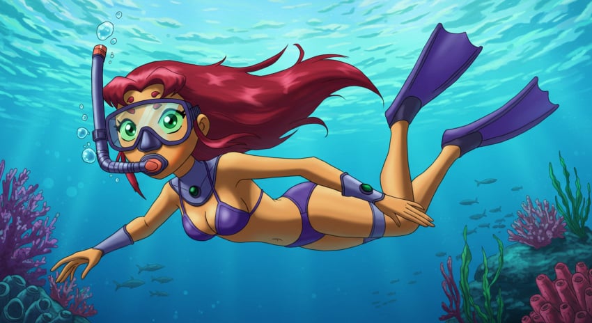 1girls ai_generated air_bubbles alien alien_girl alien_humanoid bikini breasts bubbles cleavage dc_comics diving_mask eyebrows female fins flippers google_imagefx green_eyes humanoid jacobsantos30 koriand'r long_hair mask medium_breasts navel ocean orange_skin purple_bikini purple_swimsuit red_eyebrows red_hair sea snorkel snorkeling solo starfire swimming swimming_fins swimsuit tamaranean teen_titans underwater warner_brothers water