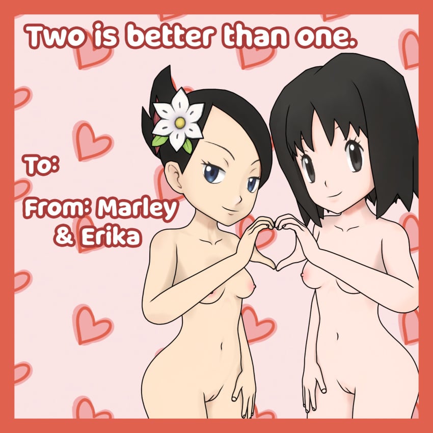 2girls black_eyes black_hair blue_eyes erika_(pokemon) flower_in_hair heart_hands looking_at_viewer marley_(pokemon) naked naked_female nude nude_female palentine's_day_erika_(pokemon_masters) palentine's_day_marley_(pokemon_masters) pokemon pokemon_dppt pokemon_frlg pokemon_masters saucemon7 self_upload text valentine's_day