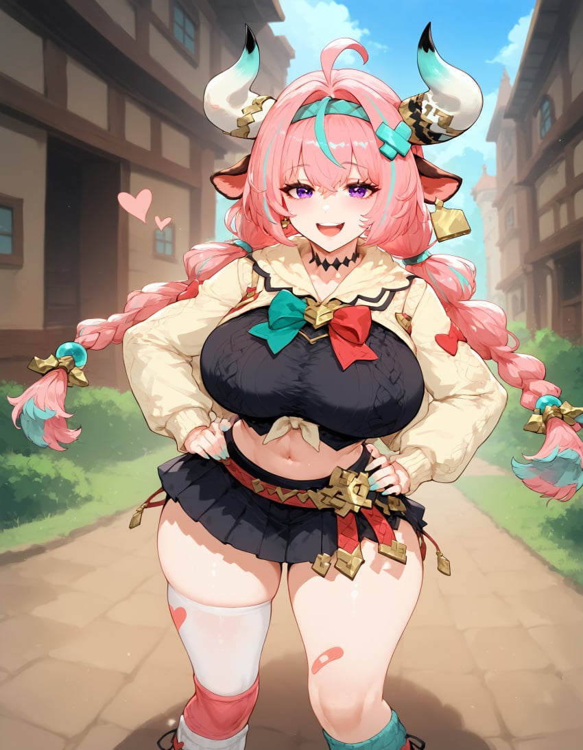 1girls ai_generated big_ass big_breasts cow_ears cow_girl cow_horns curvy curvy_figure genshin_impact hand_on_hip heart horns light-skinned_female navel smile sogo standing thick_thighs twintails varesa_(genshin_impact) wide_hips