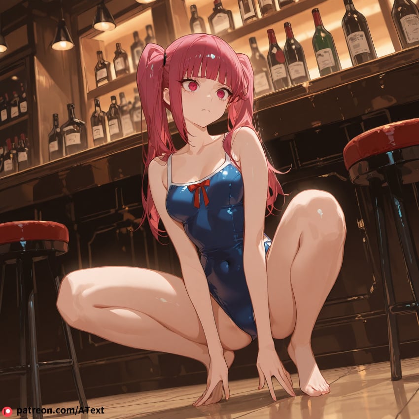 ai_generated bar beautfiul_background candle dokugamine_riruka one-piece_swimsuit scared sexy_squatting small_breasts stunning_backgroud