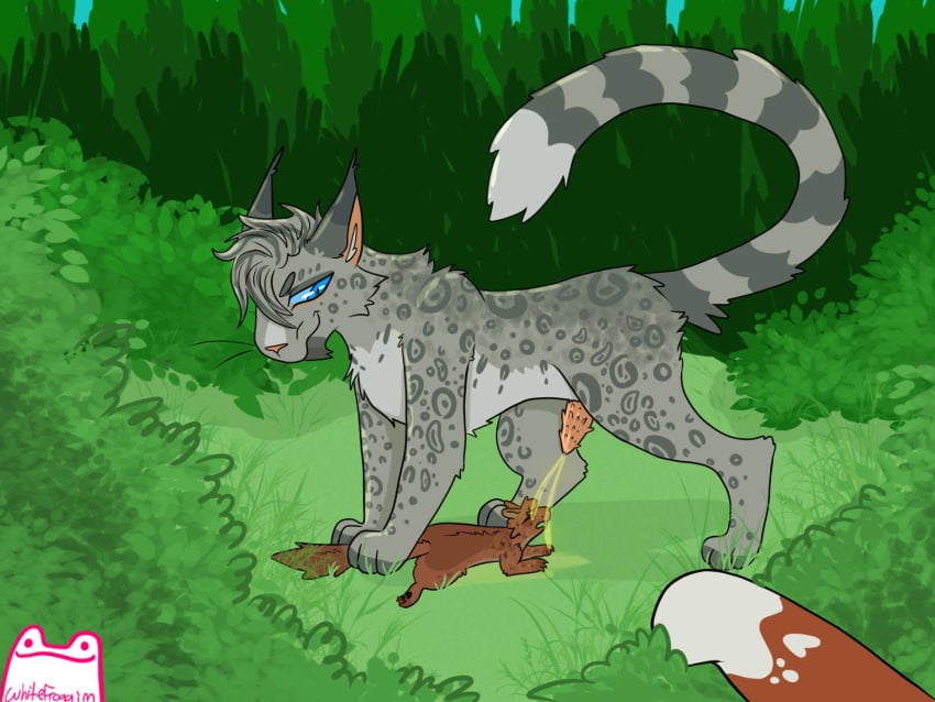 ambiguous_gender animal_genitalia animal_penis artist_logo artist_name ashfur_(thunderclan) big_dom_small_sub blue_eyes bodily_fluids chin_tuft closed_eyes domestic_cat dominant duo ear_tuft erection facial_tuft felid feline feline_genitalia feline_penis felis feral feral_with_hair fur genital_fluids genitals hair hi_res inner_ear_fluff logo looking_back looking_down lying male mammal markings offscreen_character on_front outside pee_on_face peeing peeing_on_another peeing_while_erect penile_spines penis pink_penis pinned pinned_by_tail plant pov_hands rodent sciurid shrub size_difference smile smirk smirking_at_partner spots spotted_body spotted_fur squirrelstar_(warriors) standing_over striped_markings striped_tail stripes tail tail_hold tail_markings text tree tree_squirrel tuft urination urine urine_in_mouth voyeur warriors_(book_series) watersports white_paws whitefroggim