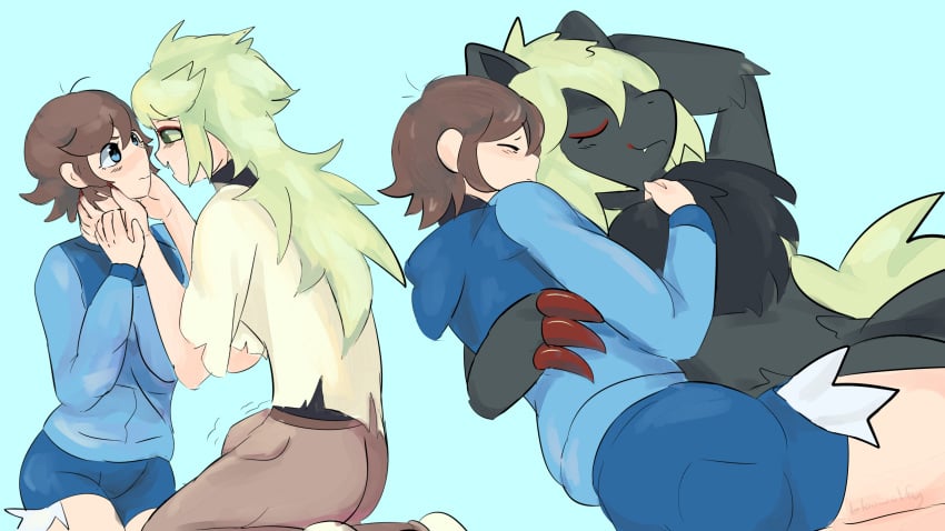 anthro bloowolfy brown_hair bulge clothing duo erection erection_under_clothing generation_5_pokemon green_hair hair hi_res hilbert_(pokemon) human human_to_anthro male male/male mammal n_(pokemon) nintendo pokemon pokemon_(species) sleeping smile species_transformation transformation zoroark