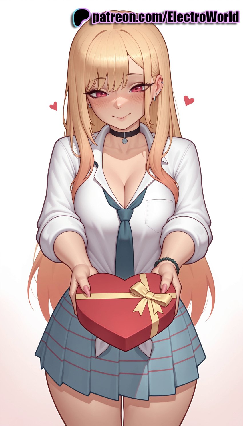 1girls 2025 ai ai_assisted ai_generated anime anime_girl anime_style artist_name bangs black_choker blonde_hair blush box breast breasts breasts breasts bust chest chocolate choker cleavage collarbone ear_piercing earrings electroworld eyebrows_visible_through_hair female gift gift_bag gift_box giving gradient gradient_background happy_valentine heart heart-shaped_box heart-shaped_chocolate hi_res high_quality high_resolution highres holding holding_box holding_gift incoming_gift jewelry kitagawa_marin long_hair patreon patreon_username piercing pleated_skirt shirt skirt smile solo sono_bisque_doll_wa_koi_wo_suru stable_diffusion valentine valentine's_day watermark white_shirt