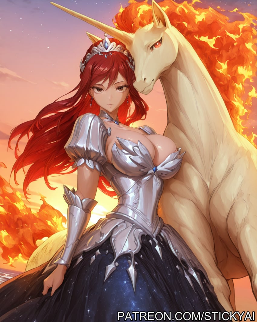 1girls ai_generated anime breasts erza_scarlet fairy_tail fit nsfw pokemon pokemon_(species) rapidash red_hair