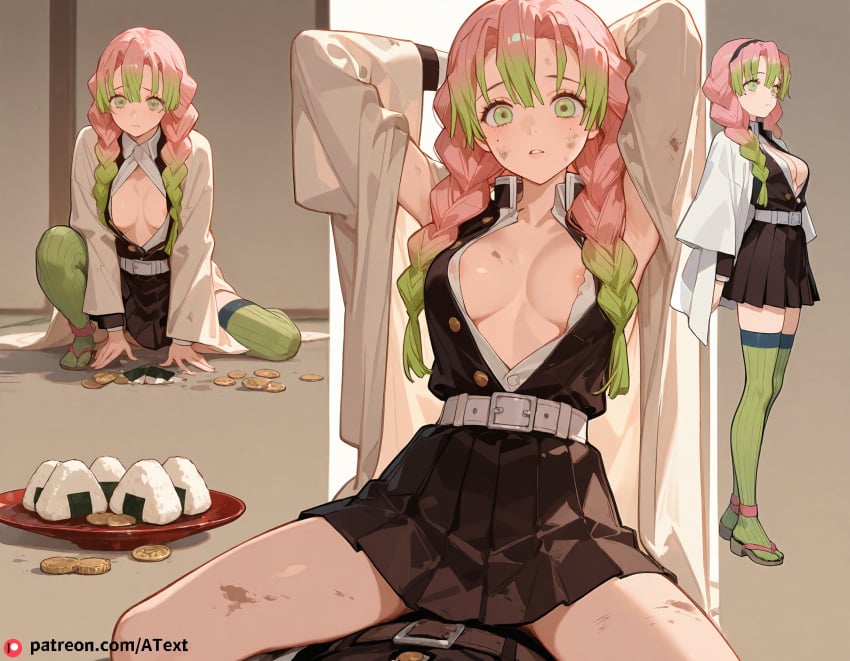 ai_generated areola_slip armpits belt black_skirt bloodstained braid breasts cleavage coat coin cowgirl_position demon_slayer_uniform dirty envy flat_chest gradient_hair green_eyes green_hair haori japanese_clothes kanroji_mitsuri long_hair long_sleeves miniskirt model_sheet mole mole_under_eye multicolored_hair onigiri partially_unbuttoned pink_hair pleated_skirt skirt squatting_cowgirl_position straddling twin_braids two-tone_hair