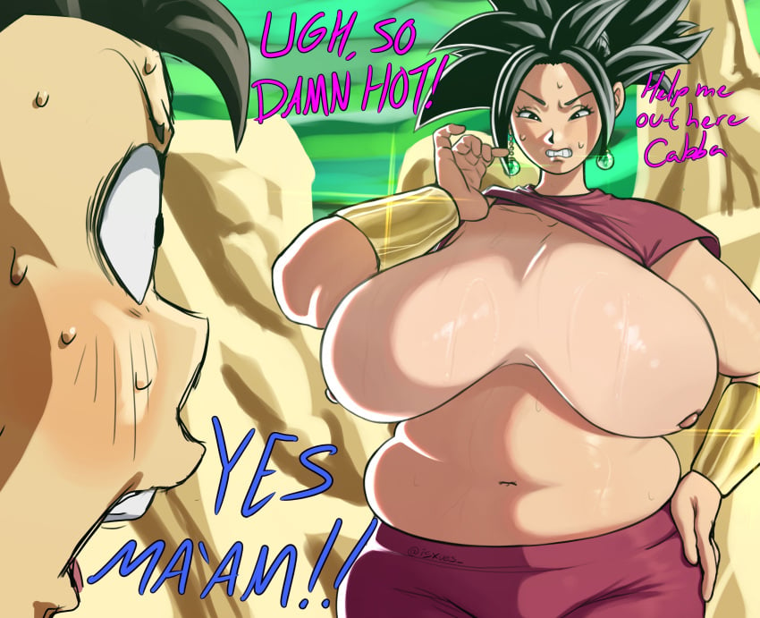 1boy 1girls big_breasts black_eyes black_hair blush breasts_bigger_than_head breasts_out cabba dragon_ball dragon_ball_super english_text fusion gigantic_breasts huge_breasts isxues kefla large_breasts nipples potara_earrings spiky_hair surprised text tournament_of_power universe_6 wet