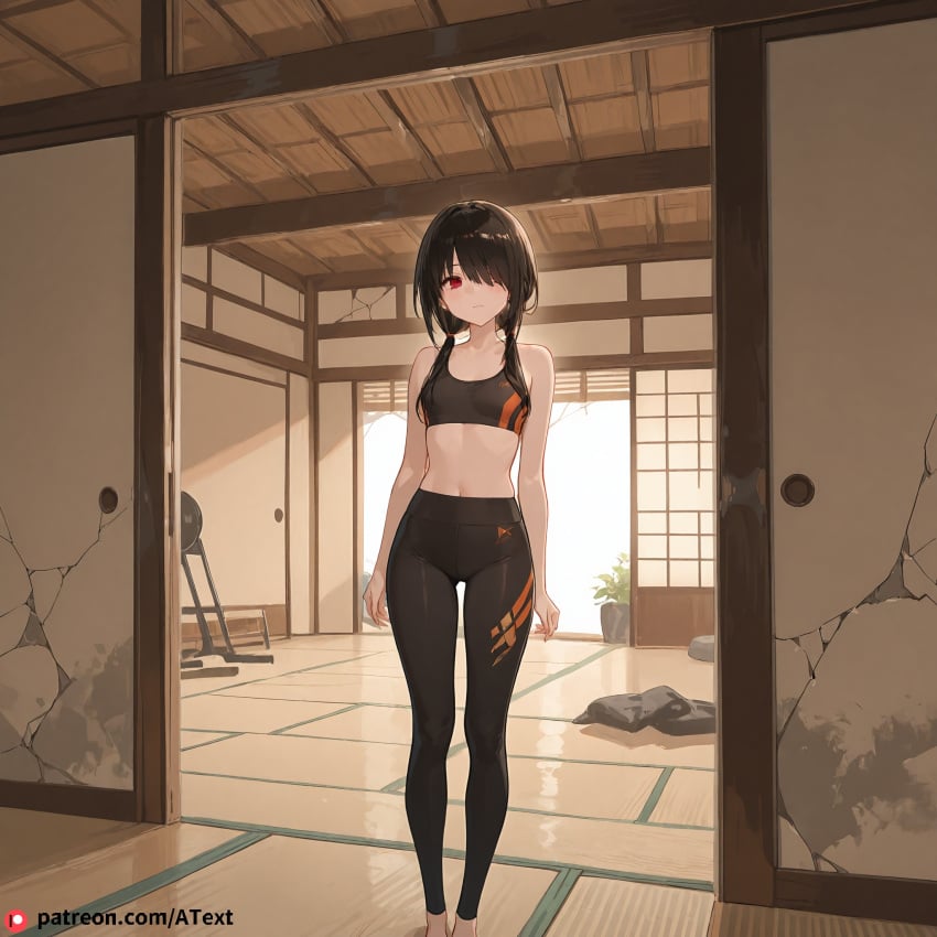 ai_generated beautfiul_background blush body_arch cluttered_room cracked_walls flat_chest sports_bra stunning_backgroud tatami tokisaki_kurumi yoga_pants