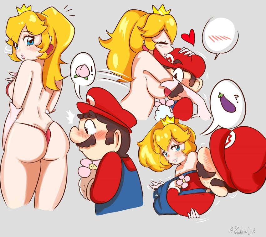 1boy 1girls blonde_female blonde_hair blush blushing crown earrings eggplant female gloves hat heart male male/female mario mario_(series) mario_bros mustache nintendo overalls pandaischub panties pasties peach_(fruit) princess_peach royalty super_mario_bros. thought_bubble wholesome