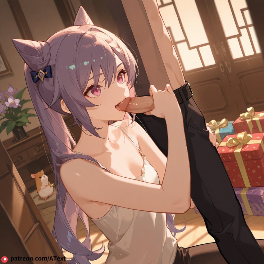 1boy :d ai_generated beautfiul_background breasts chinese_style_loft cluttered_room fellatio flat_chest gift_box hamster keqing_(genshin_impact) orchid stunning_backgroud