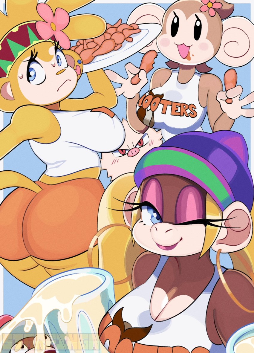 3girls amiga anthro anthro_only ass big_breasts black_eyes blonde_hair blue_eyes blush breasts brown_fur chicken_(food) cleavage crossover donkey_kong_(series) earrings female female_focus flower flower_in_hair generation_1_pokemon hooters hooters_uniform mankey meemee milk monkey monkey_girl nintendo one_eye_closed orange_fur pokemon ponytail red_eyes samba_de_amigo sega spandex_shorts starfinga super_monkey_ball tiny_kong twintails wink