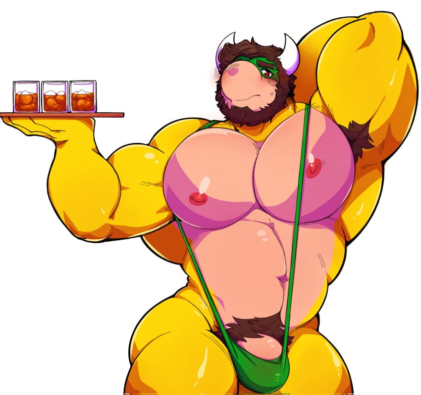 bara buff bulge drinks green_mankini mankini non-human pecs pose sexy shy shy_expression waiter