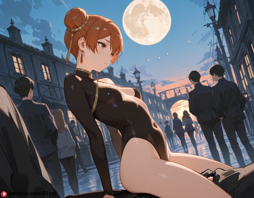 1boy 2025 ai_generated athletic_leotard beautfiul_background brown_eyes brown_hair crowded_streets double_bun envy full_moon laufen_(sousou_no_frieren) reverse_cowgirl_sex_position short_hair small_breasts sousou_no_frieren stunning_backgroud sunset_glow yellow_hairornament