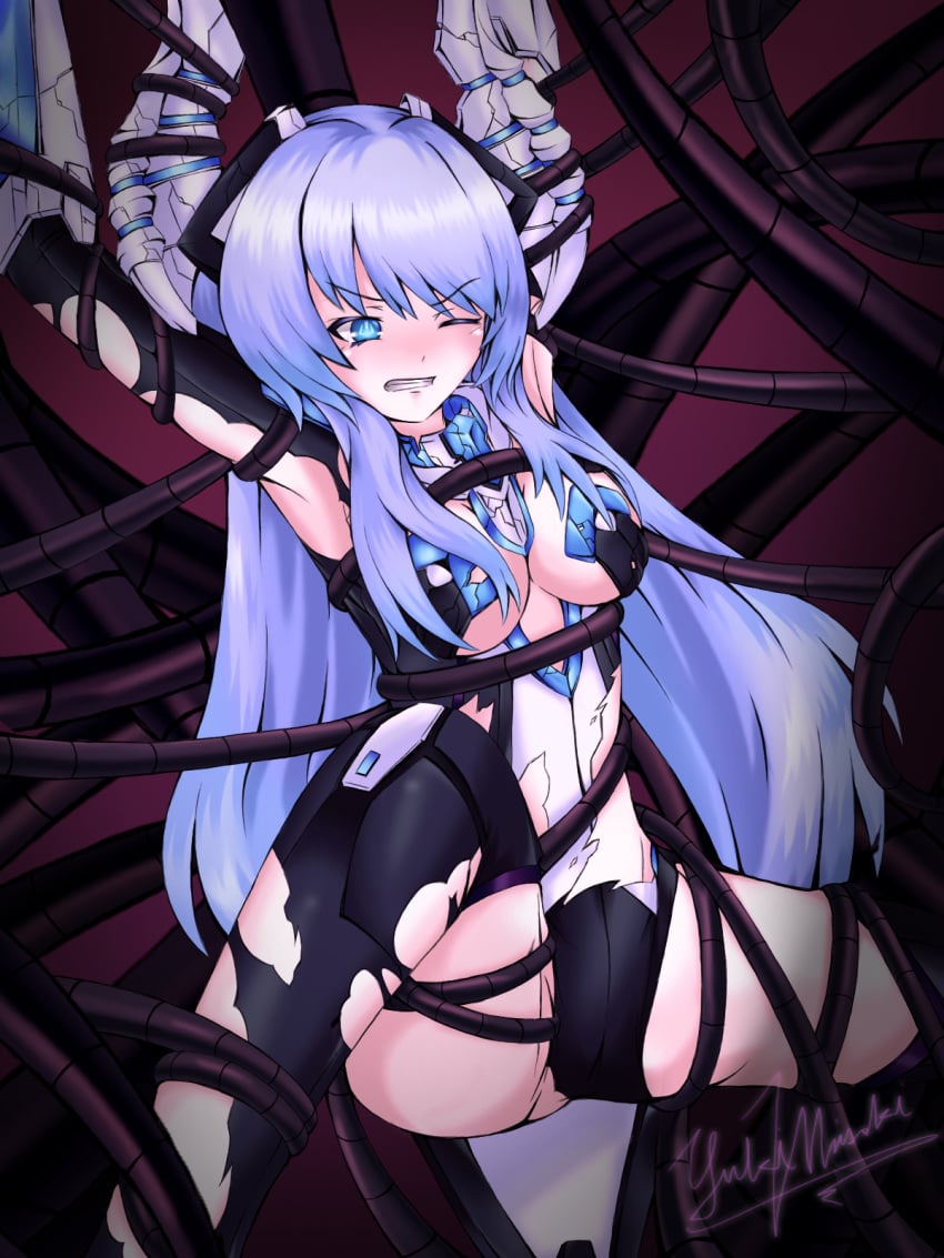 ahe_gao blue_eyes blue_hair blush bound breasts compile_heart female highres idea_factory kiseijou_rei_(goddess_form) long_hair monster neptunia_(series) rape rei_ryghts restrained slime spread_legs tears teeth tentacle torn_clothes verniy_misaki