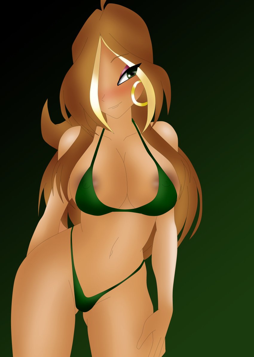 1girls absurd_res areolae bikini blush breasts cleavage curvy dark-skinned_female erect_nipples eyeshadow female female_only flora flora_(winx_club) hair_over_one_eye hoop_earrings human large_breasts nipple_bulge nipples noir-black-shooter png rainbow_(animation_studio) solo winx_club