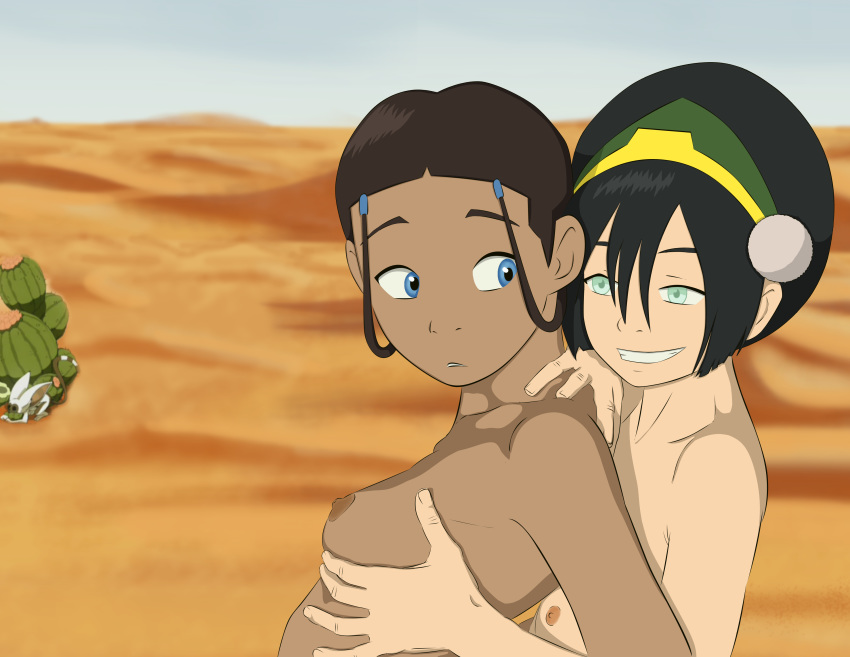 2girls anaxus avatar_the_last_airbender chocolate_and_vanilla dark-skinned_female dark_skin desert earth_kingdom female female_only flat_chest groping groping_from_behind human interracial interracial_yuri katara momo_(avatar) multiple_girls nickelodeon nipples small_breasts smile tagme toph_bei_fong water_tribe yuri