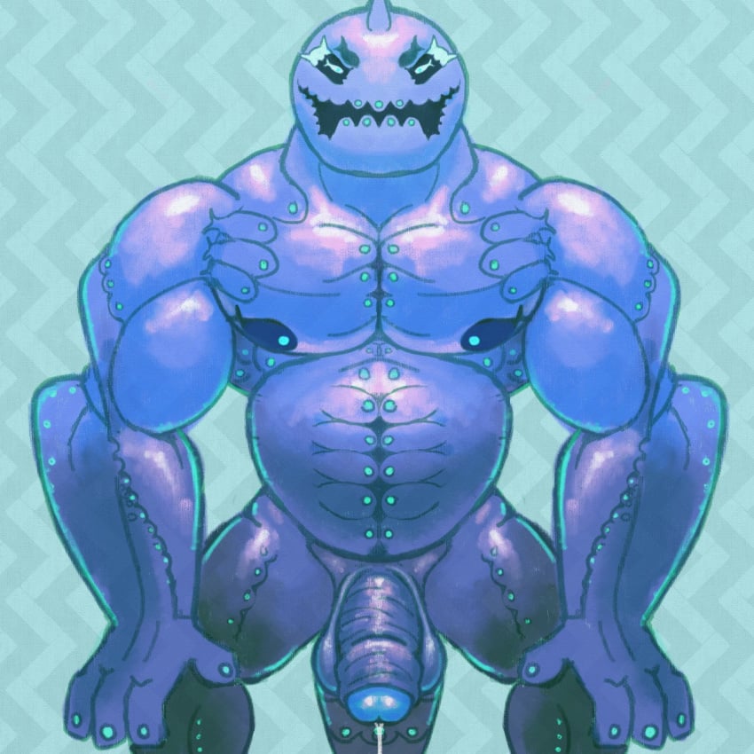 1boy anthro anthrofied belly big_penis black_sclera blue_background blue_penis erection fish foreskin humanoid_penis looking_at_viewer male male_only muscular nintendo nipples nude open_mouth penis pokemon pokemon_sm precum solo standing testicles uncut video_games white_eyes wishiwashi zetrocci