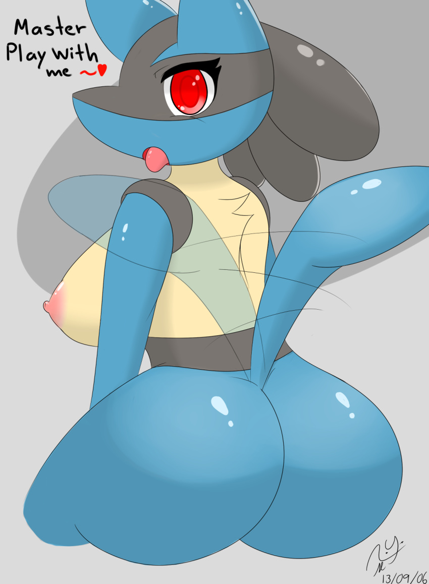 1girls areolae ass back big_breasts blue_fur breasts canine dated eyelashes female furry heart looking_back lucario nintendo nipples nude open_mouth pokemon pokemon_(species) red_eyes sblueicecream solo tail text tongue tongue_out