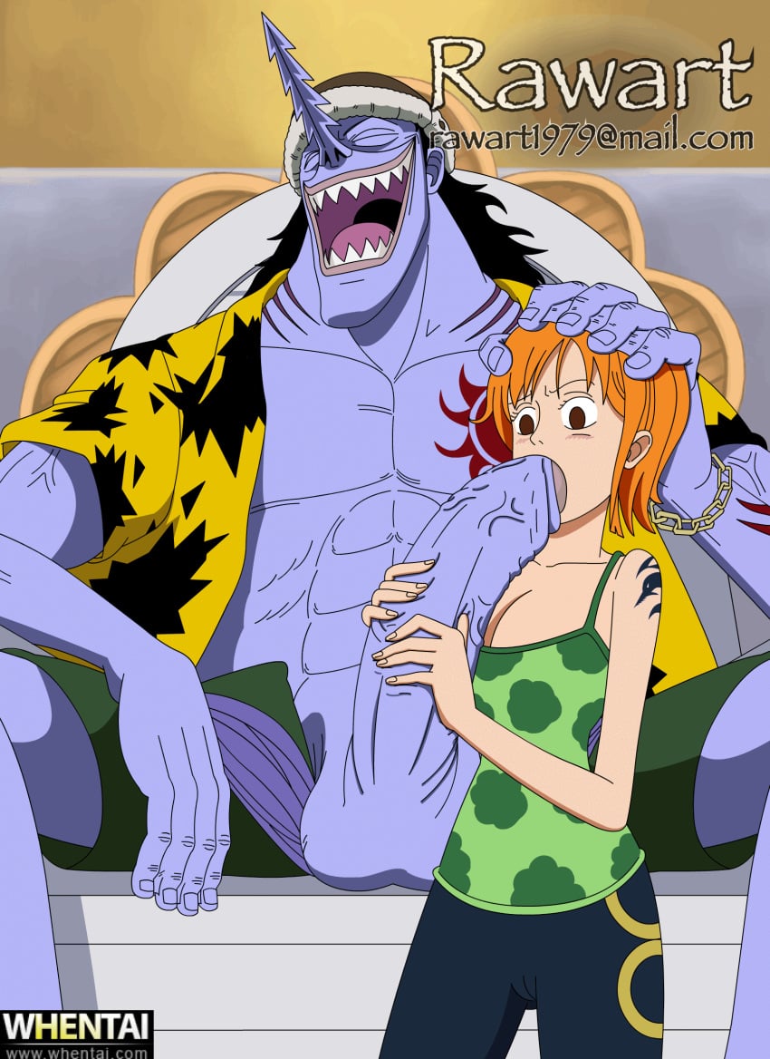 1boy 1girls animated arlong bad_end balls bare_shoulders black_hair blouse blue_skin blush breasts brown_eyes closed_eyes european fellatio female fishman forced fringe ginger hand_on_head hat huge_cock large_breasts long_hair male massive_penis muscle nami one_piece open_mouth oral orange_hair pants penis pre-timeskip rawart shark sharp_teeth shiny shiny_skin short_hair sucking swedish tattoo teenager veiny_penis