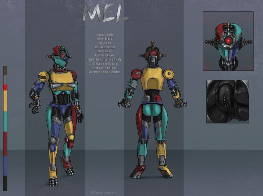 1girls 2017 anus ass assaultron back blue_background clitoris eliana-asato fallout feet female female_only from_behind looking_at_viewer machine mel metal model_sheet nude pussy robot solo standing text video_games watermark