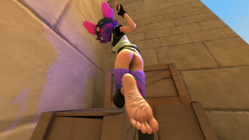 16:9 3d_(artwork) ass big_butt clothed clothing digital_media_(artwork) epic_games feet female fingers foot_focus fortnite hi_res human humanoid_feet low-angle_view mammal plantigrade pose purple skye_(fortnite) soles tiramisuwu widescreen wrinkled_feet wrinkles