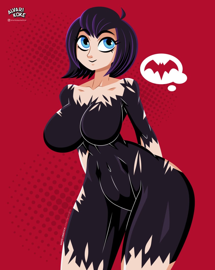 1girls alvarikokearte artist_logo black_hair black_short breasts collarbone dress female hotel_transylvania hyper_thighs large_breasts massive_thighs mavis_dracula short_hair solo thunder_thighs