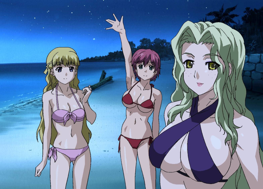 3girls adult_female age_difference arm_up armpits beach big_breasts bikini blonde_hair blue_eyes breasts busty cleavage female female_focus female_only front-tie_bikini green_eyes hi_res iihara_nao large_breasts legs long_hair looking_at_viewer multiple_girls navel night ocean older_female panties pink_bikini pink_hair pink_lipstick purple_bikini red_bikini resort_boin seaside shinjou_kanae short_hair sideboob smile starry_sky teenage_girl teenager thigh_gap thighs trees tsukushino_mitsugu underboob water yellow_eyes younger_female