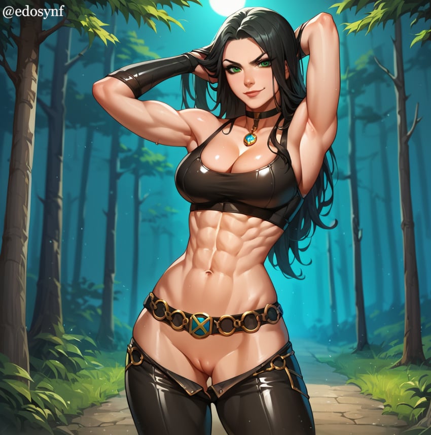 abs ai_generated armband armpits arms_behind_head arms_up belt black_choker black_hair black_pants breasts bush choker cleavage edosynf female gem green_eyes highres jewelry knee_boots large_breasts laura_kinney leather_pants long_hair looking_at_viewer marvel marvel_comics midriff muscular muscular_female nature navel necklace no_panties outdoors pants pants_pull pendant pussy self_upload shiny smile solo spread_legs torn_clothes torn_pants uncensored x-23 x-men