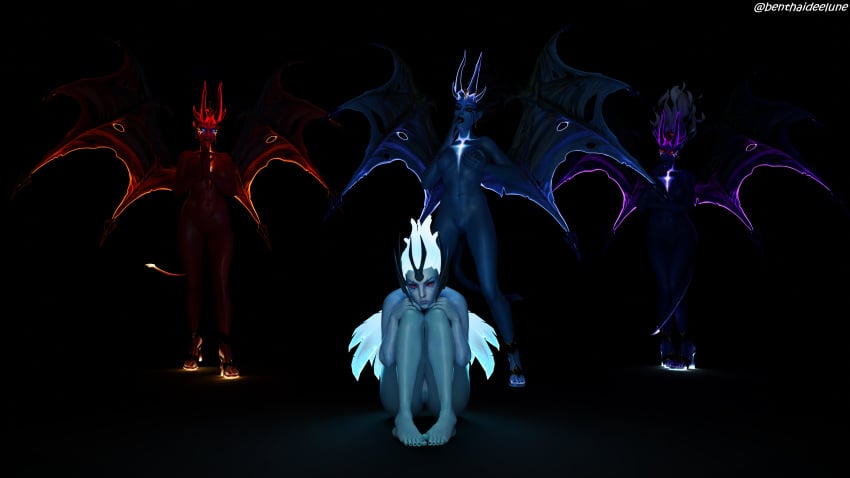 3d 3d_(artwork) 4girls before_sex benthaideelune blue_skin breasts darkness dota_2 horns nipple_piercing pussy queen_of_pain red_skin sad succubus surrounded tagme tails vengeful_spirit wings yuri