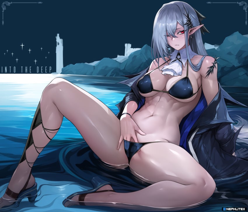 1girls arknights belly_button bikini blue_bikini female female_only gladiia_(arknights) huge_breasts lake light-skinned_female light_skin micro_bikini nephlite one_eye_closed outdoors red_eye water