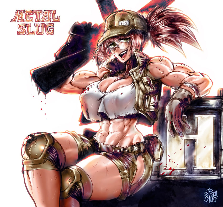 1girls abs bare_arms bare_legs bare_shoulders bare_thighs big_breasts brown_hair clothed clothing color female female_focus female_only fio_germi fit_female glasses gloves green_eyes gun hat hi_res large_breasts light-skinned_female light_skin long_hair looking_at_viewer metal_slug military military_hat military_jacket muscles muscular muscular_arms muscular_female muscular_legs muscular_thighs rifle solo solo_female tagme thegoldensmurf thick_thighs weapon